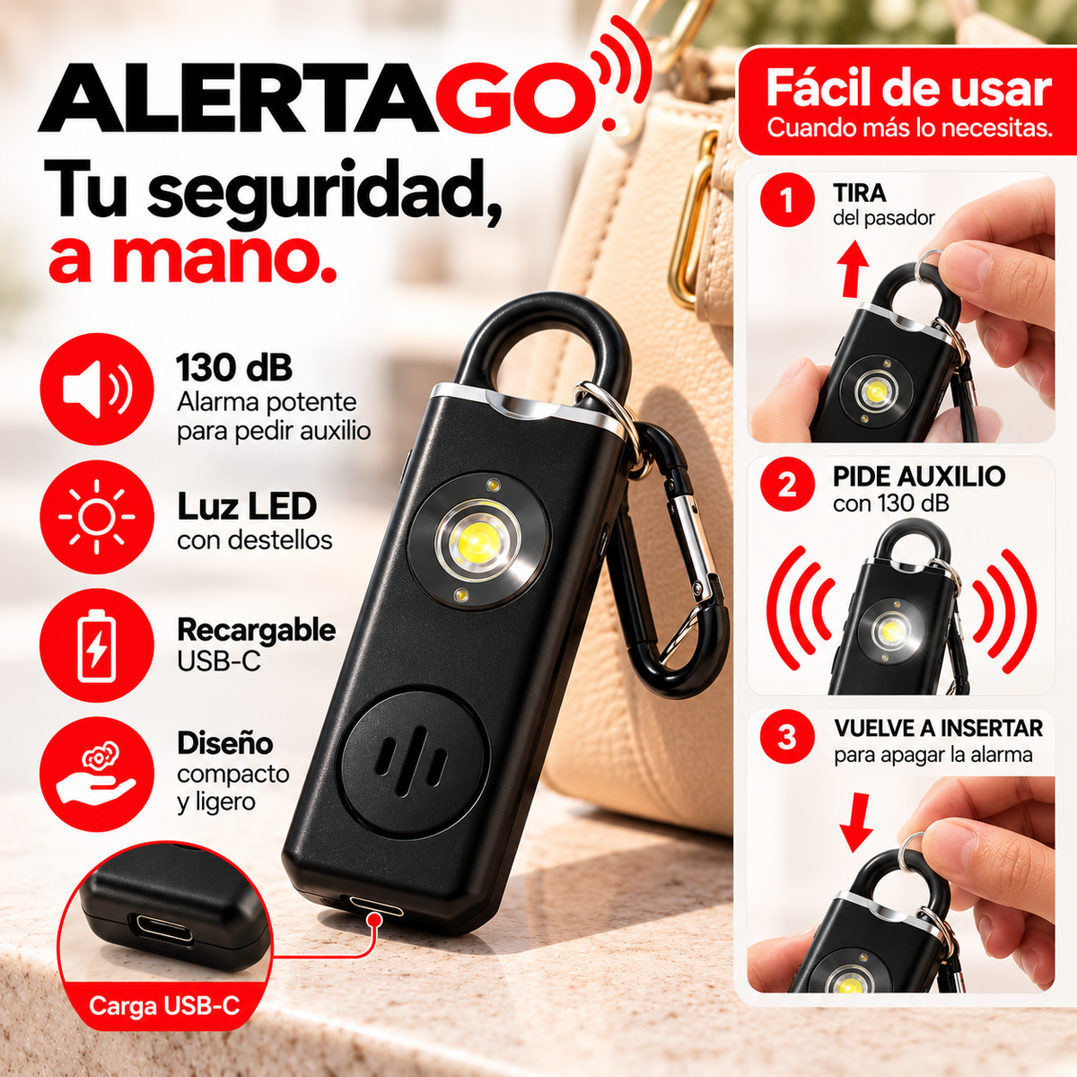 ALERTAGO® | Alarma Personal Recargable con Luz LED