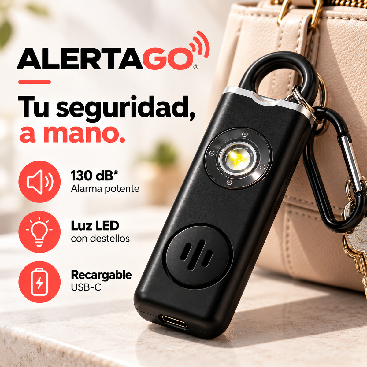 ALERTAGO® | Alarma Personal Recargable con Luz LED