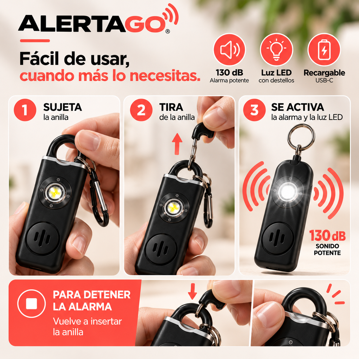 ALERTAGO® | Alarma Personal Recargable con Luz LED