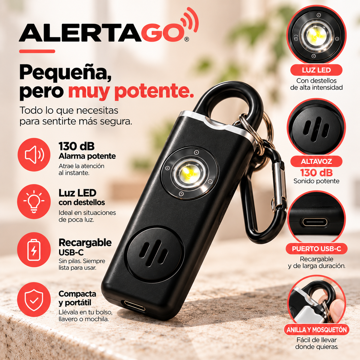 ALERTAGO® | Alarma Personal Recargable con Luz LED